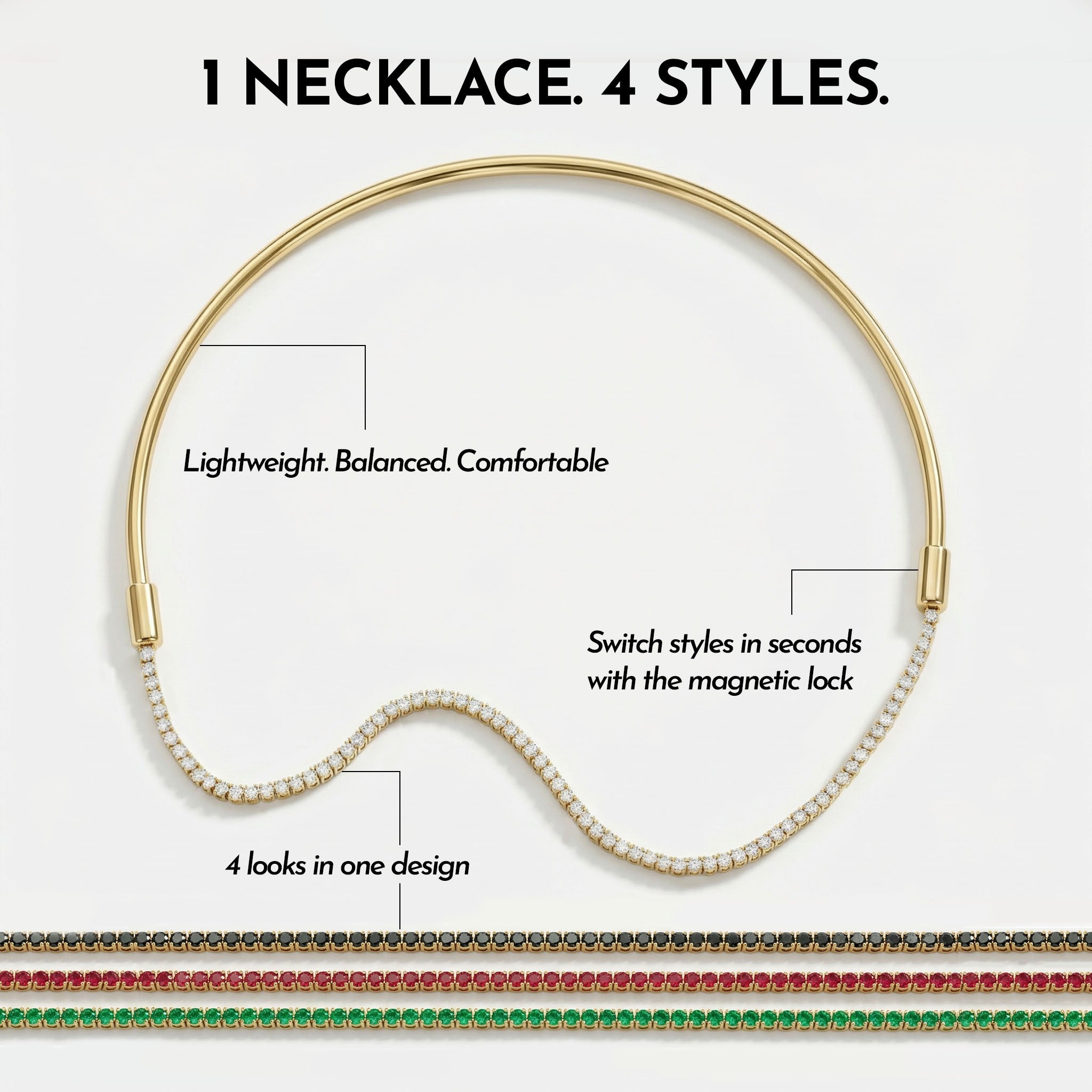 Necklace with interchangeable styles on a white background