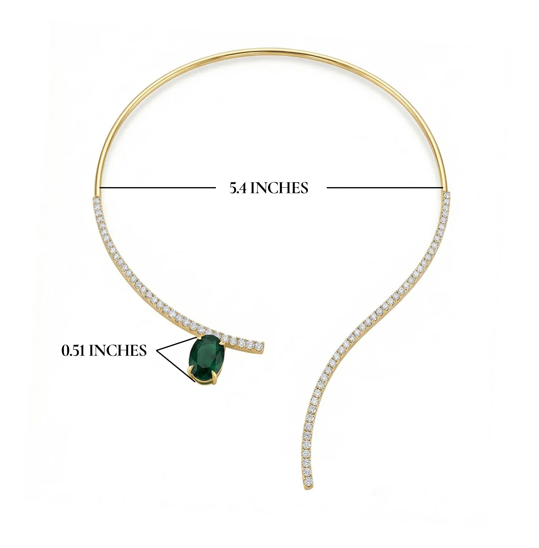 Gold necklace with a green gemstone and measurements on a white background