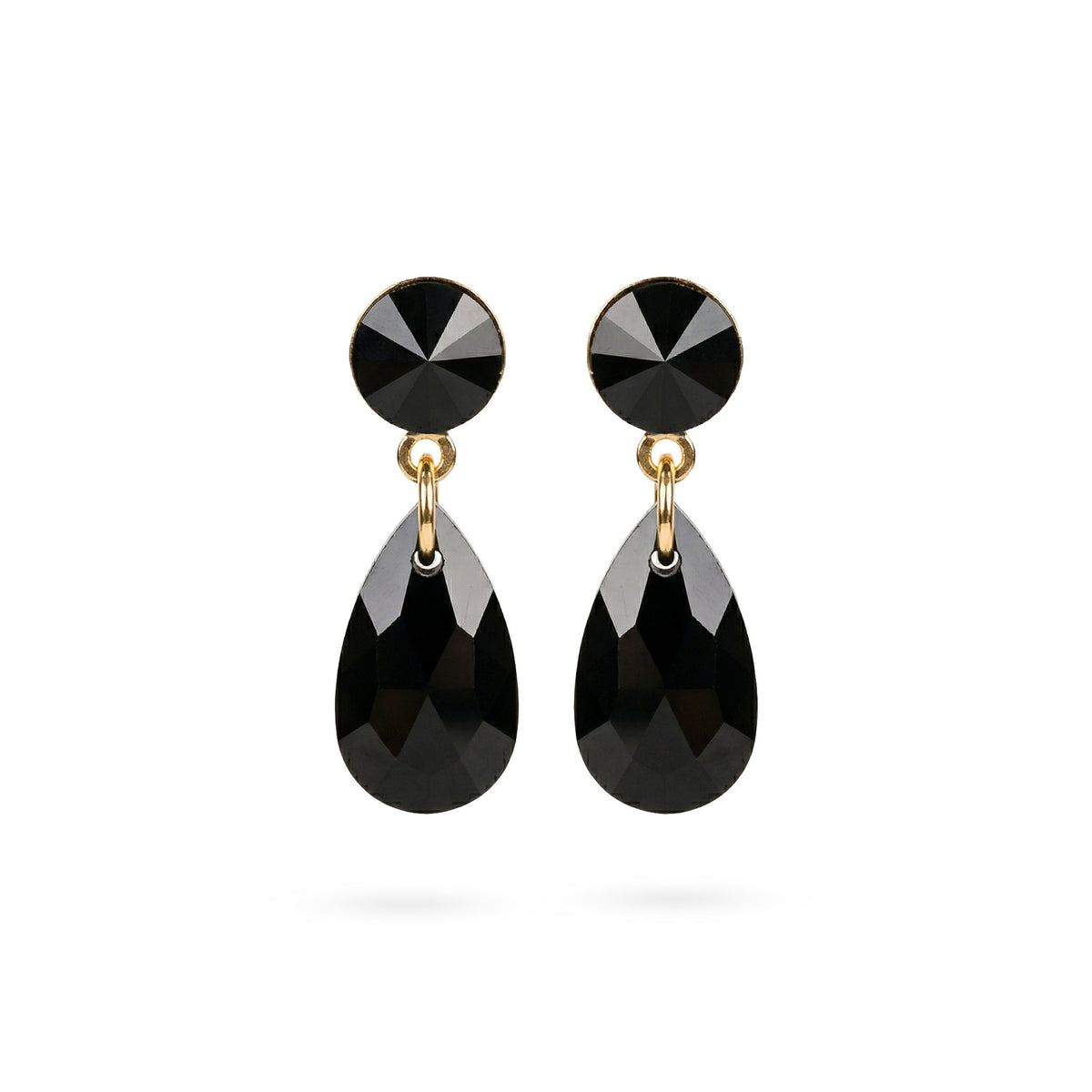 A pair of black teardrop dangle earrings with faceted black gemstones and gold-tone metal accents, shown against a plain white background.