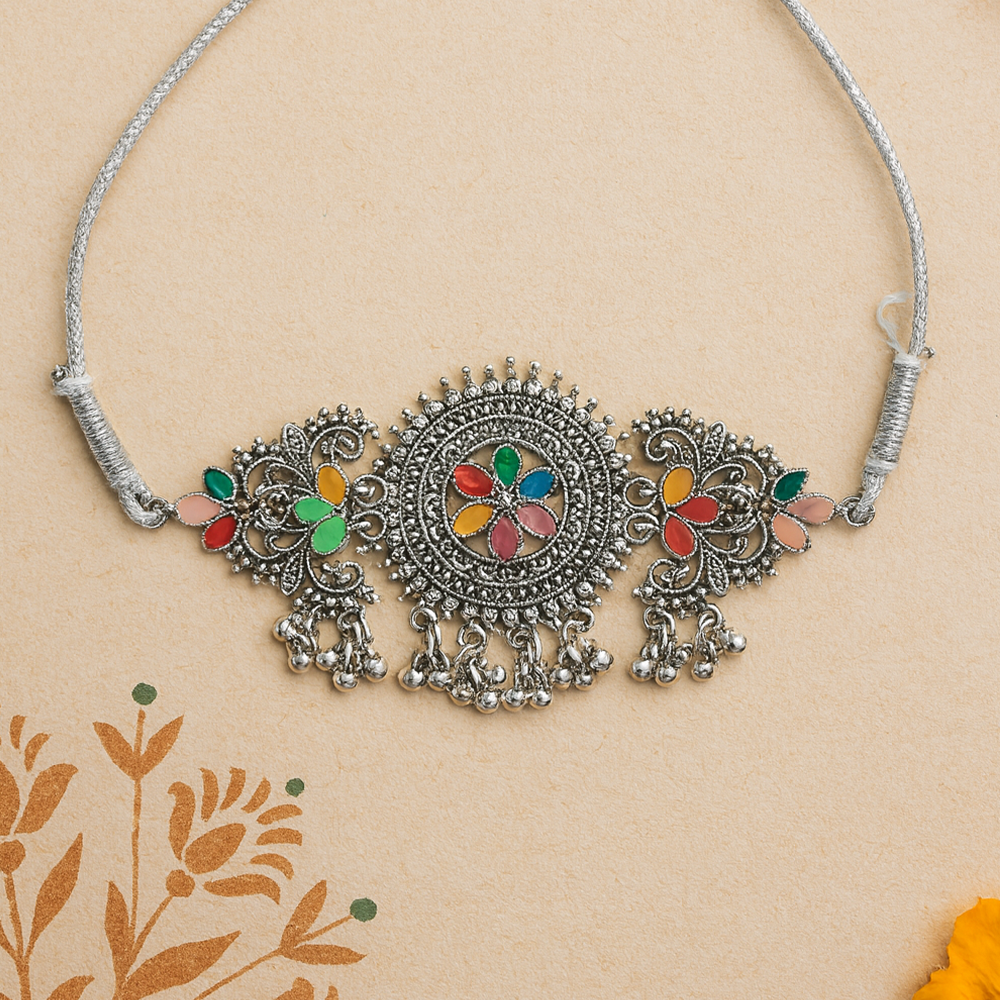 Anira Flora Oxidized Silver Choker Necklace