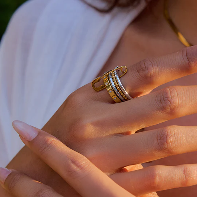 Zira Stacked Band Ring with Safety Pin Detail