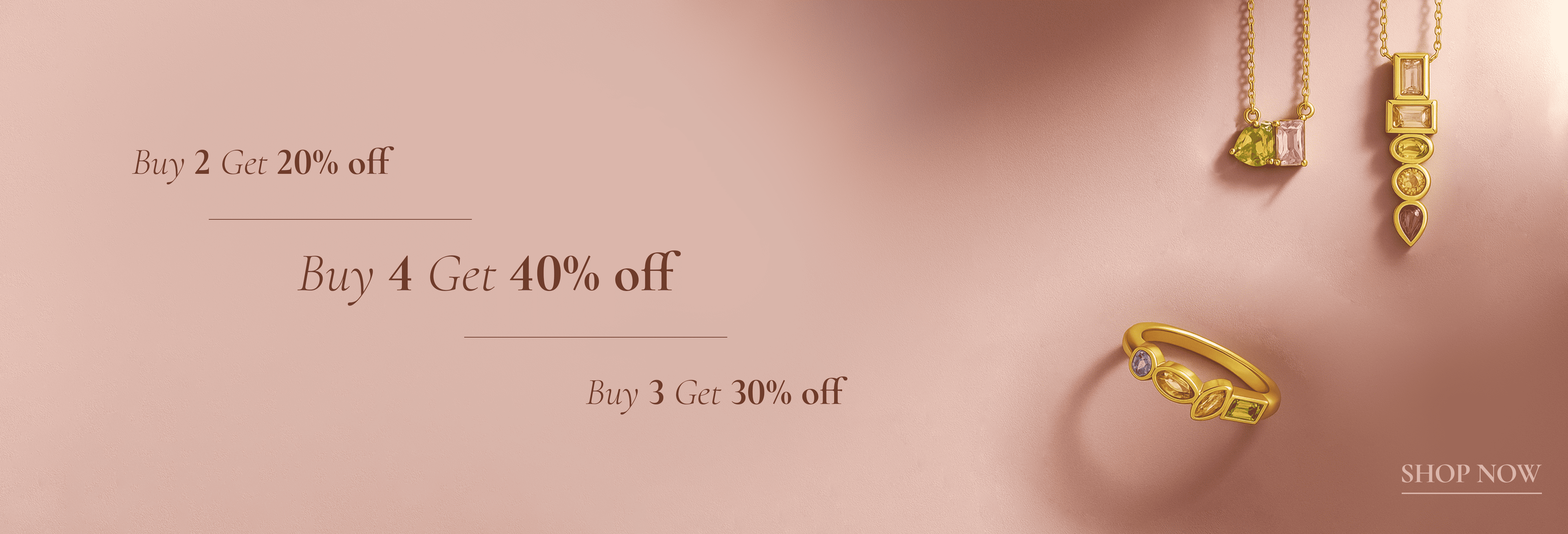 Gold jewelry on a pink background with promotional text