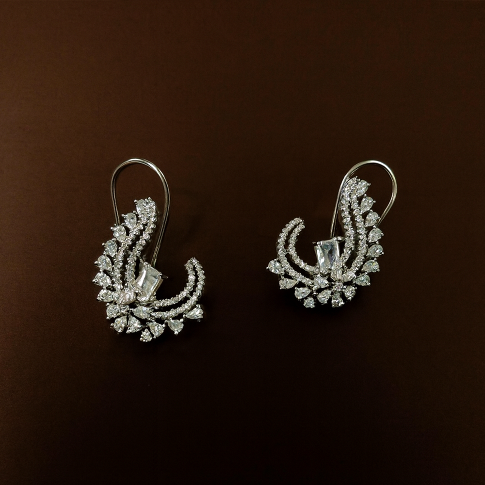 Pair of silver earrings for women with gemstones on a dark brown background