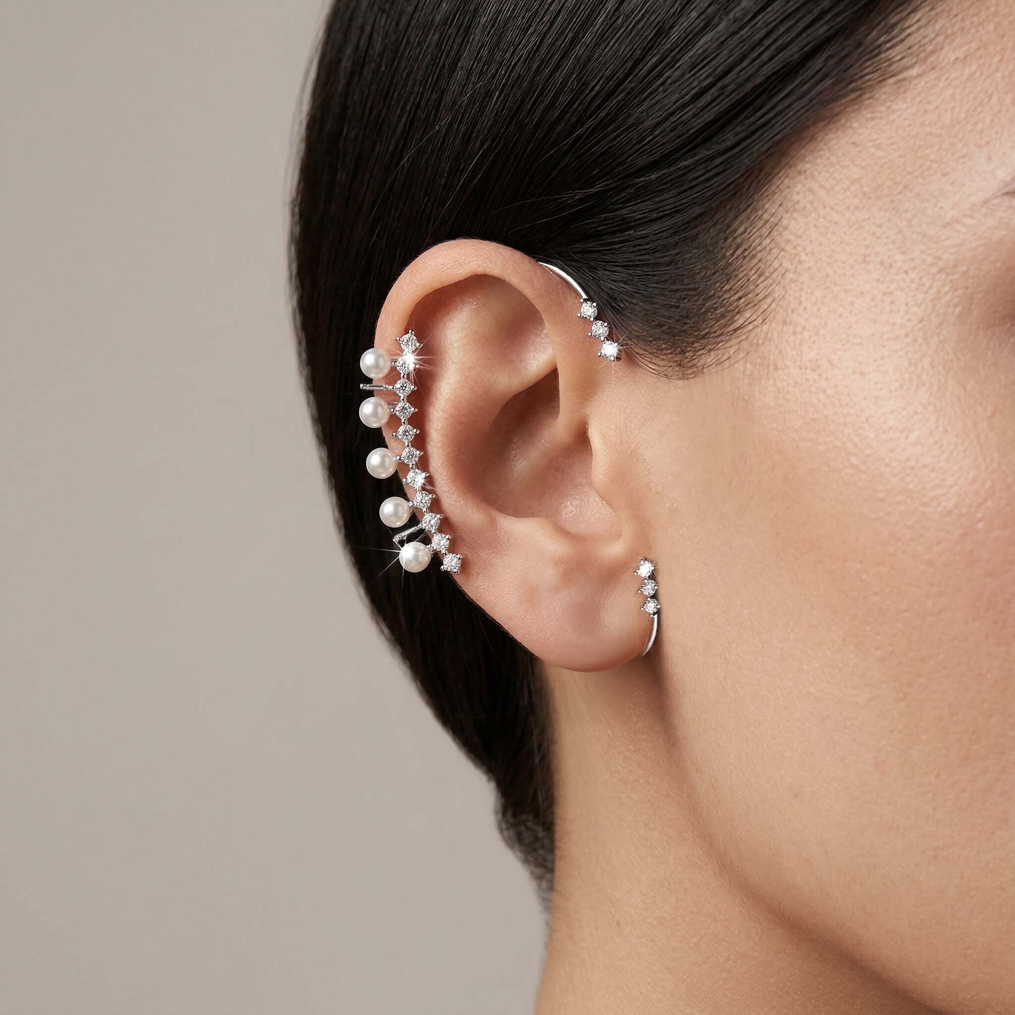 Pearl and crystal ear cuff for women worn on ear – elegant statement ear jewellery