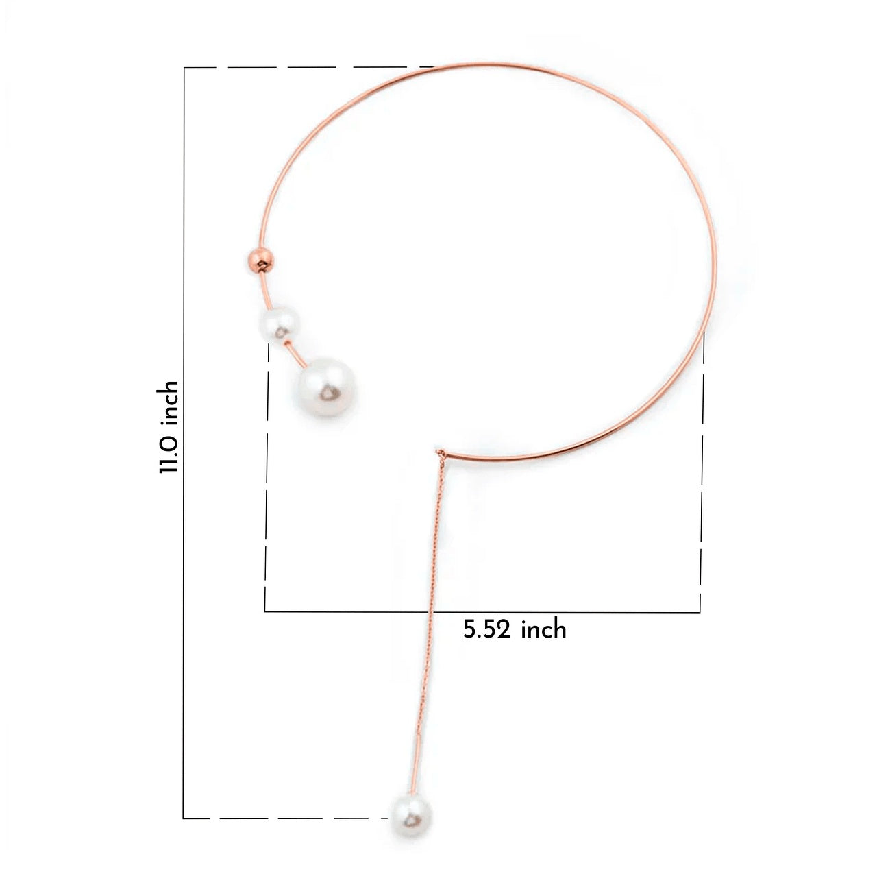 Rose gold necklace with pearls and measurements on a white background