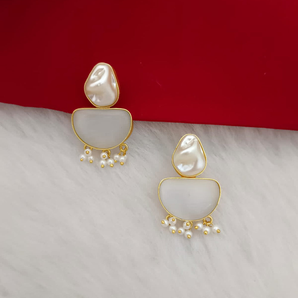 Gold-plated pink enamel earrings with baroque pearl top and hanging pearl drops for women
