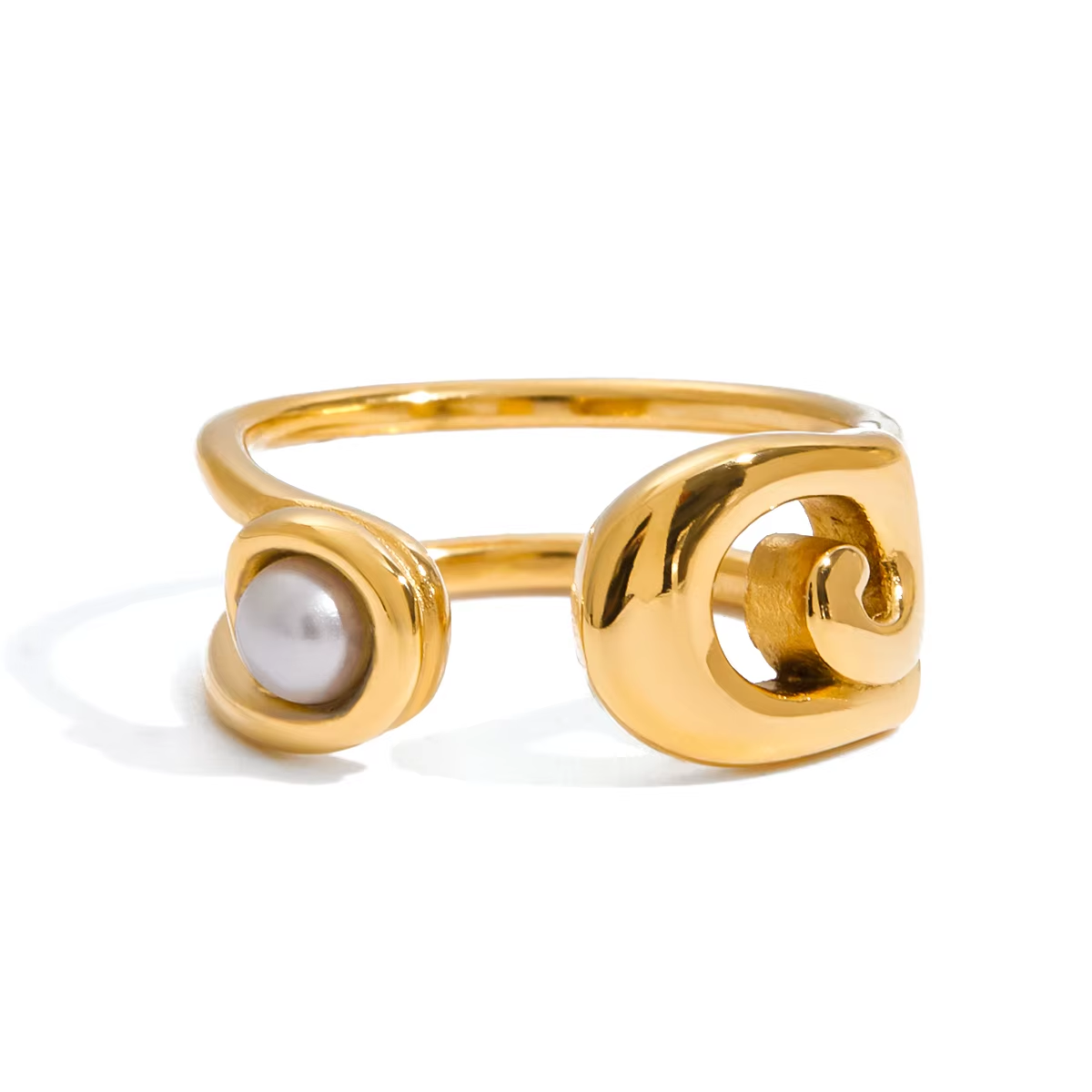 Gold ring with a pearl on a white background