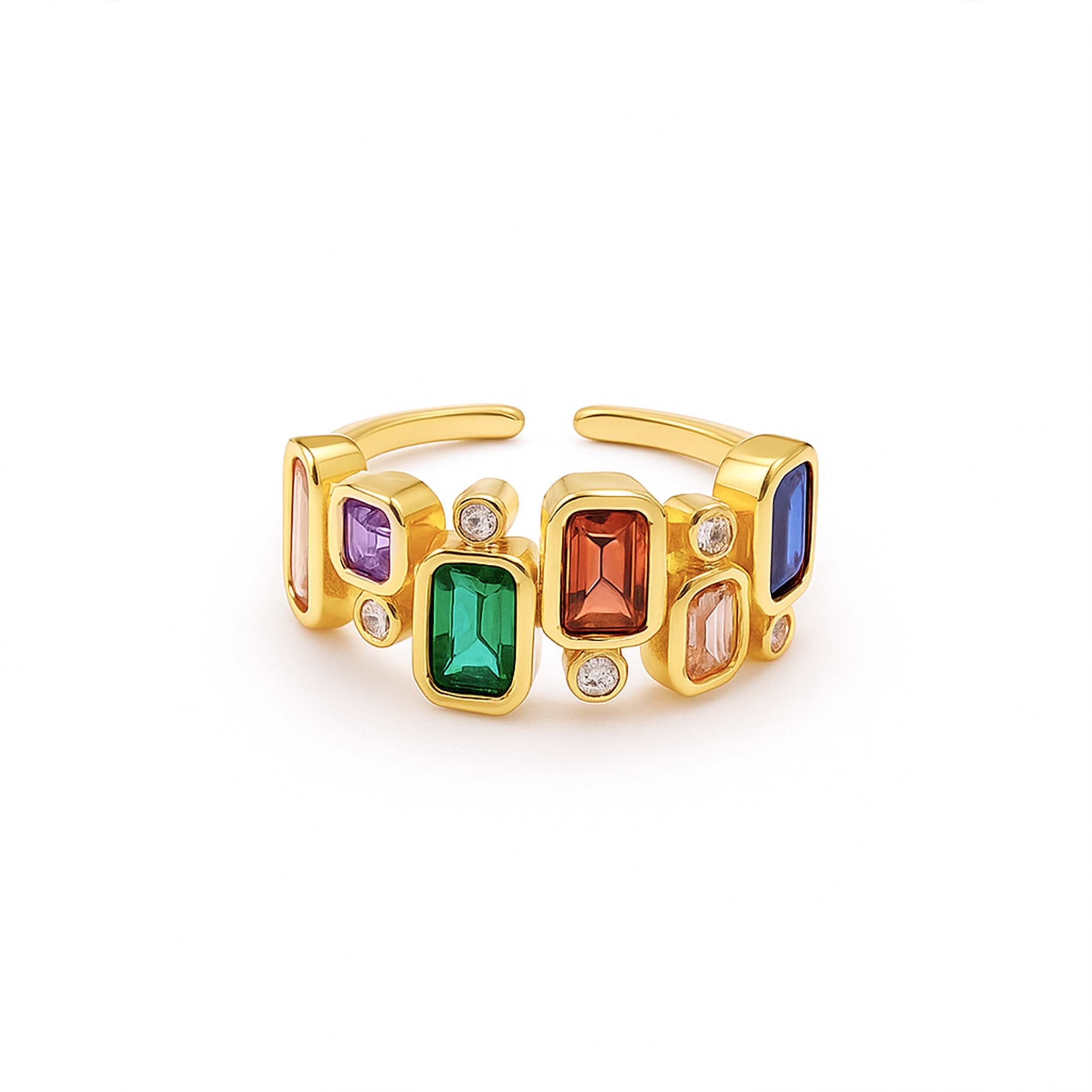 Gold ring with colorful gemstones on a white background