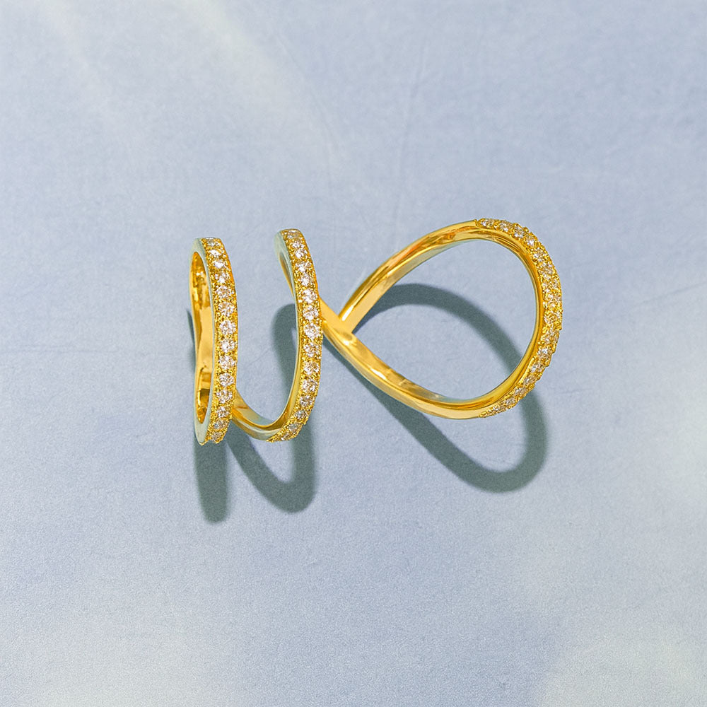 Twisted gold ring with crystal detailing – open band design for women