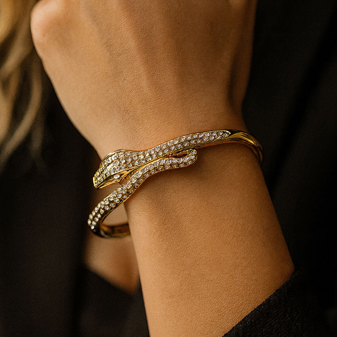 Crystal Snake Cuff Bracelet in Gold-Plated Stainless Steel - Amalfa