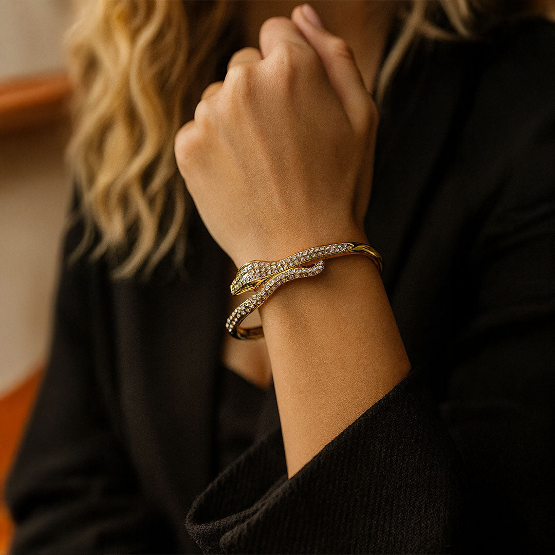Crystal Snake Cuff Bracelet in Gold-Plated Stainless Steel - Amalfa