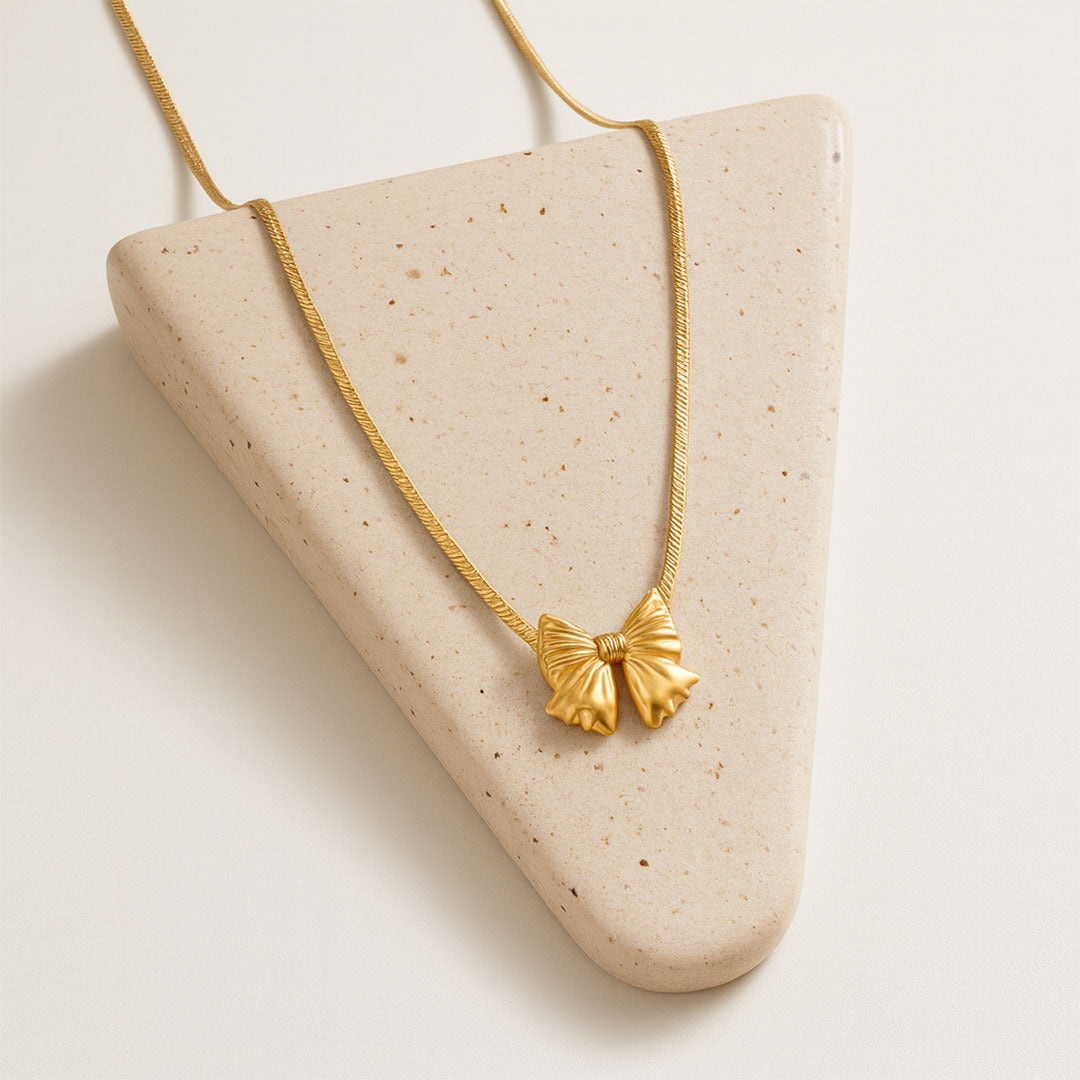 Mini Bow Herring bone Necklace in Gold