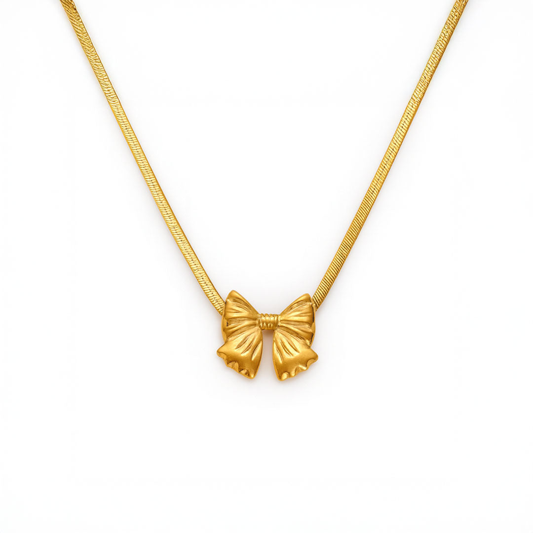 Mini Bow Herring bone Necklace in Gold