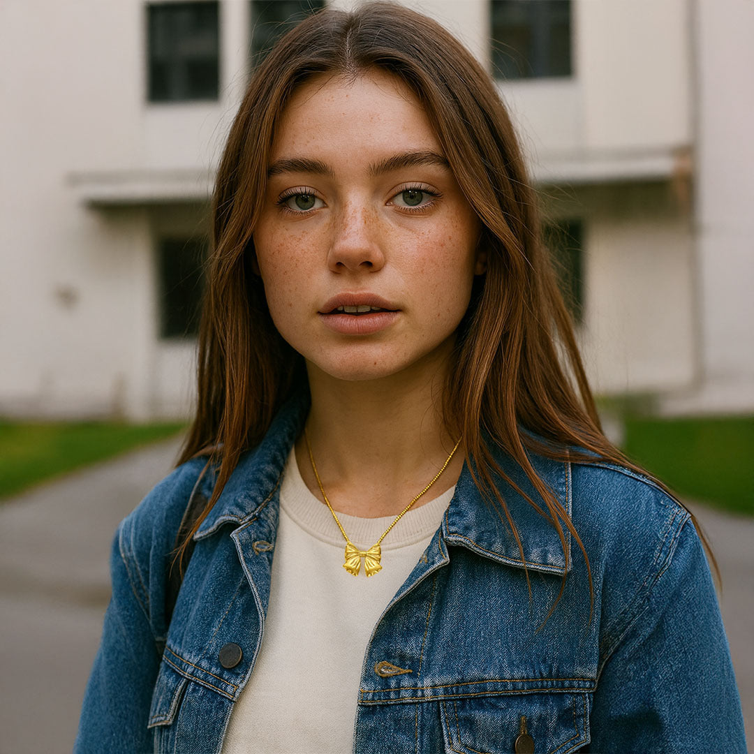 Mini Bow Herring bone Necklace in Gold