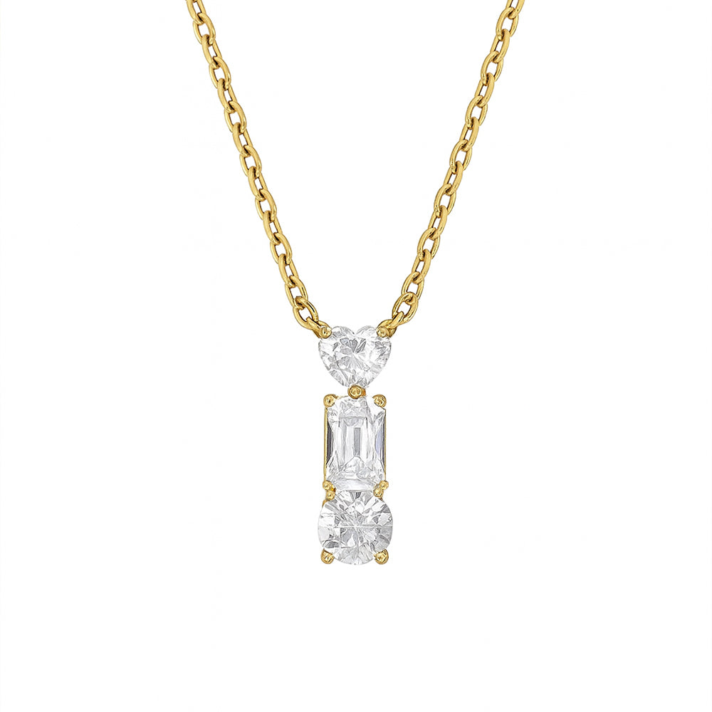 Gold necklace with a diamond pendant on a white background
