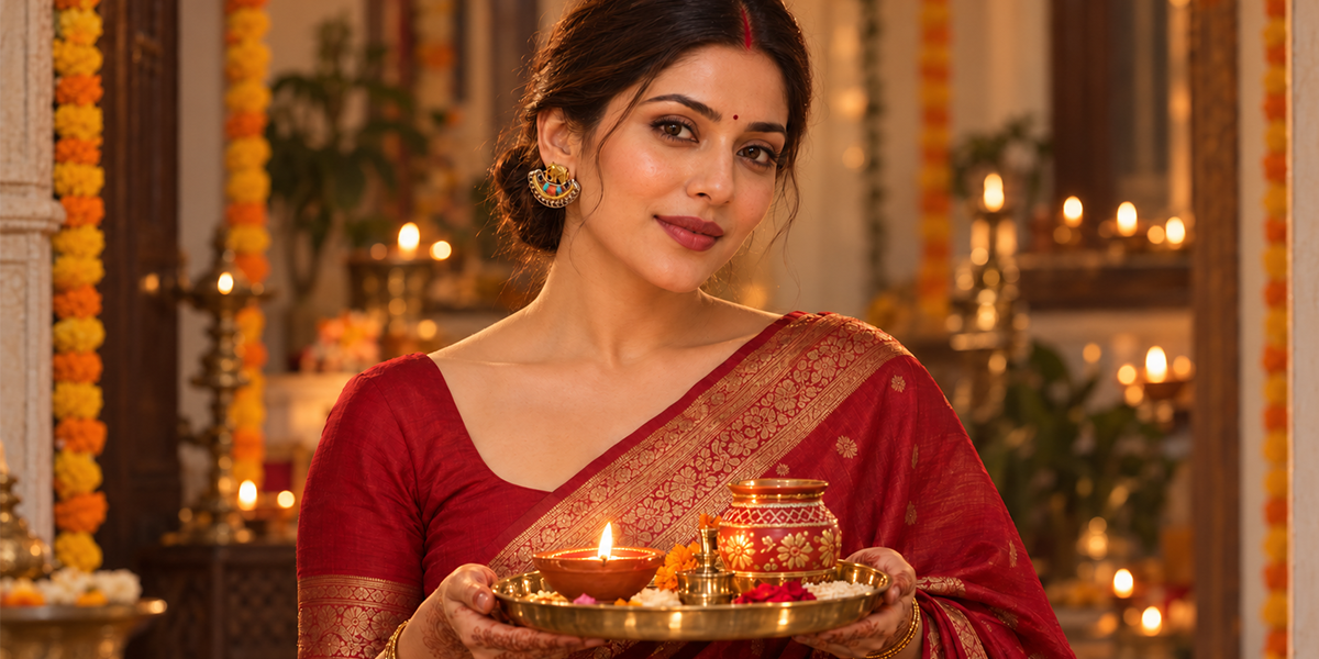 Woman in a red silk saree wearing gold-tone statement earrings, holding a Karwa Chauth puja thali with a lit diya