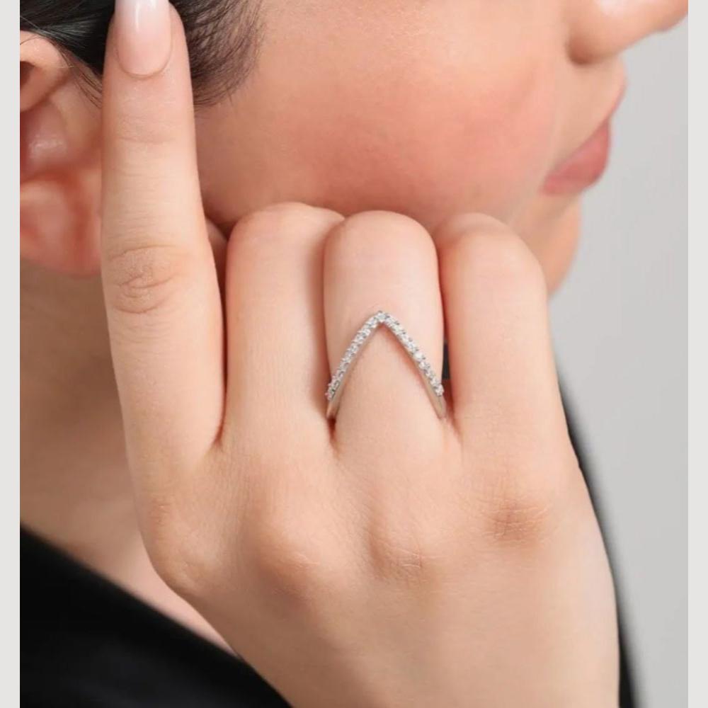 Slim V-Shape Silver Crystal Ring