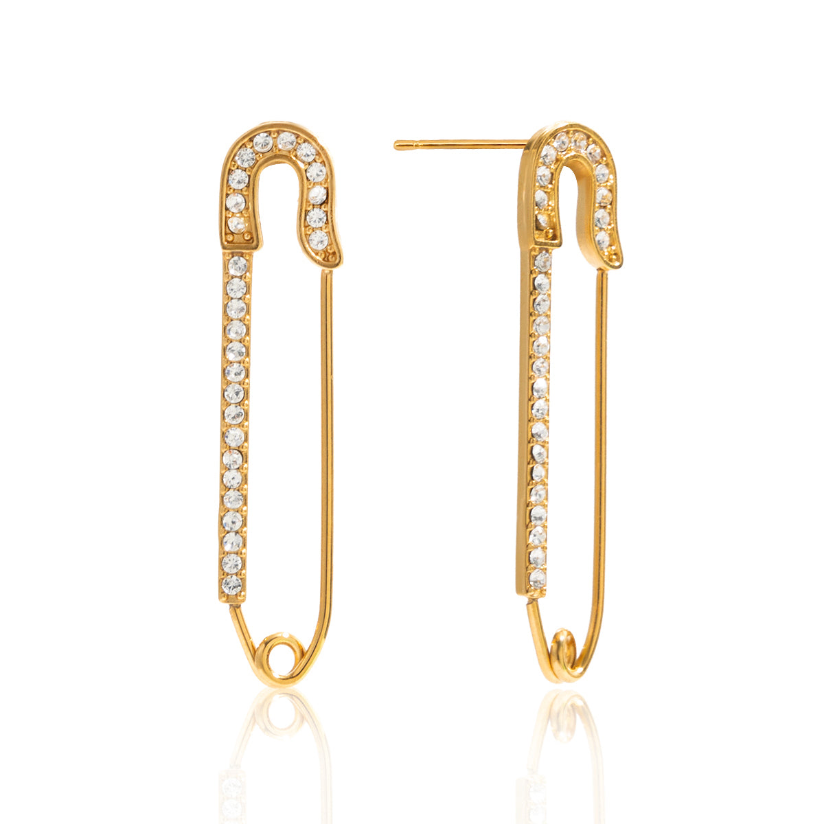 Gold safety pin earrings for women with clear gemstones on a white background