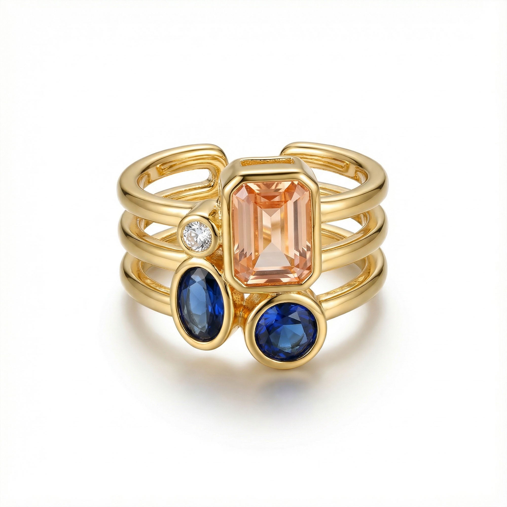 18K gold plated adjustable multi-stone ring for women with blue gemstones and rectangular crystal
