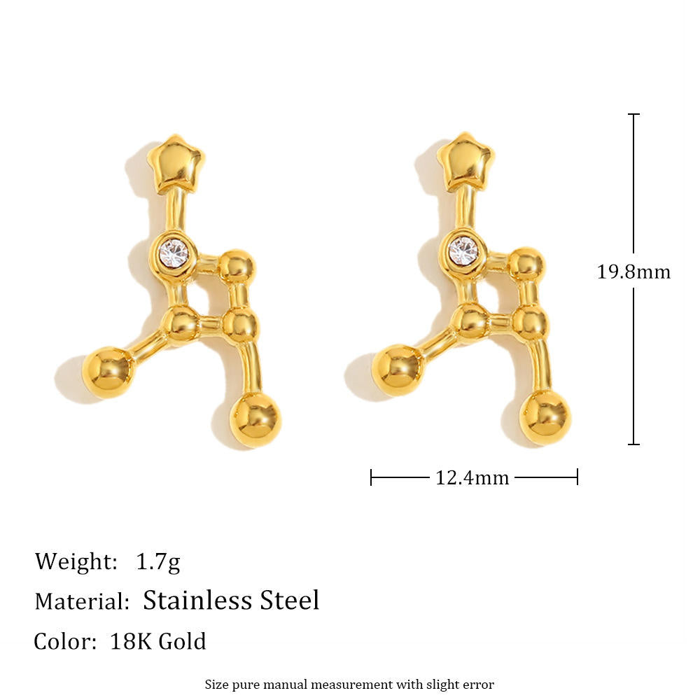 Aquarius Gold earrings with molecular design and measurements on a white background