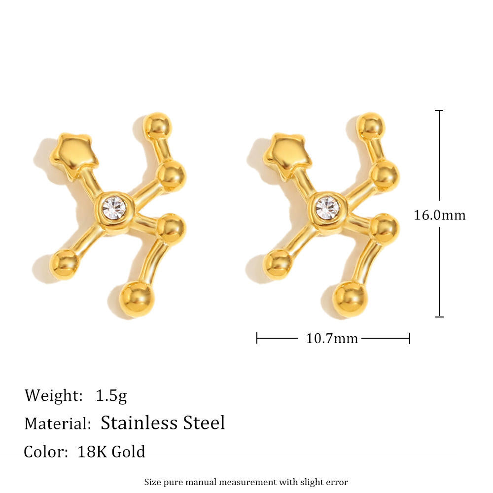 Aries  sign Gold earrings for women with Zodic structure design and measurements on a white background