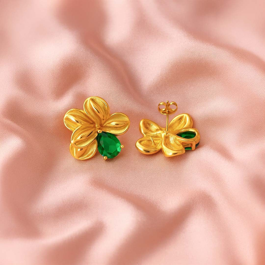 Gold Clover Bloom Green Stud Earrings - Amalfa