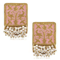 Tanira  Pink Enamel  Rectangular Pearl  Earrings
