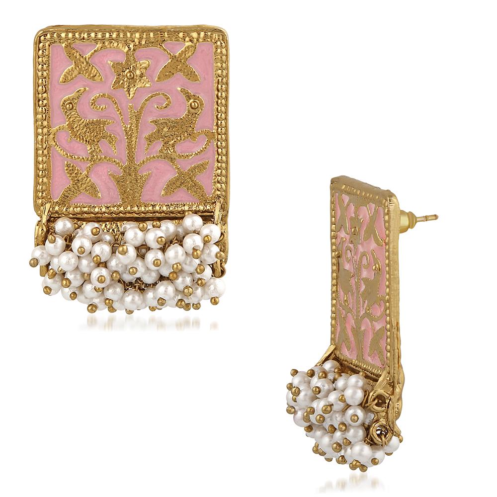 Tanira  Pink Enamel  Rectangular Pearl  Earrings