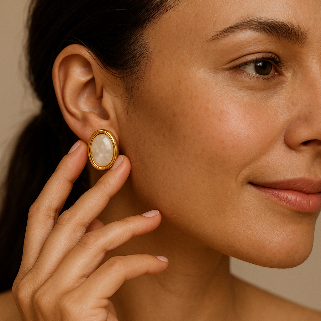 Hallo Gold Oval Mother of Pearl Earrings