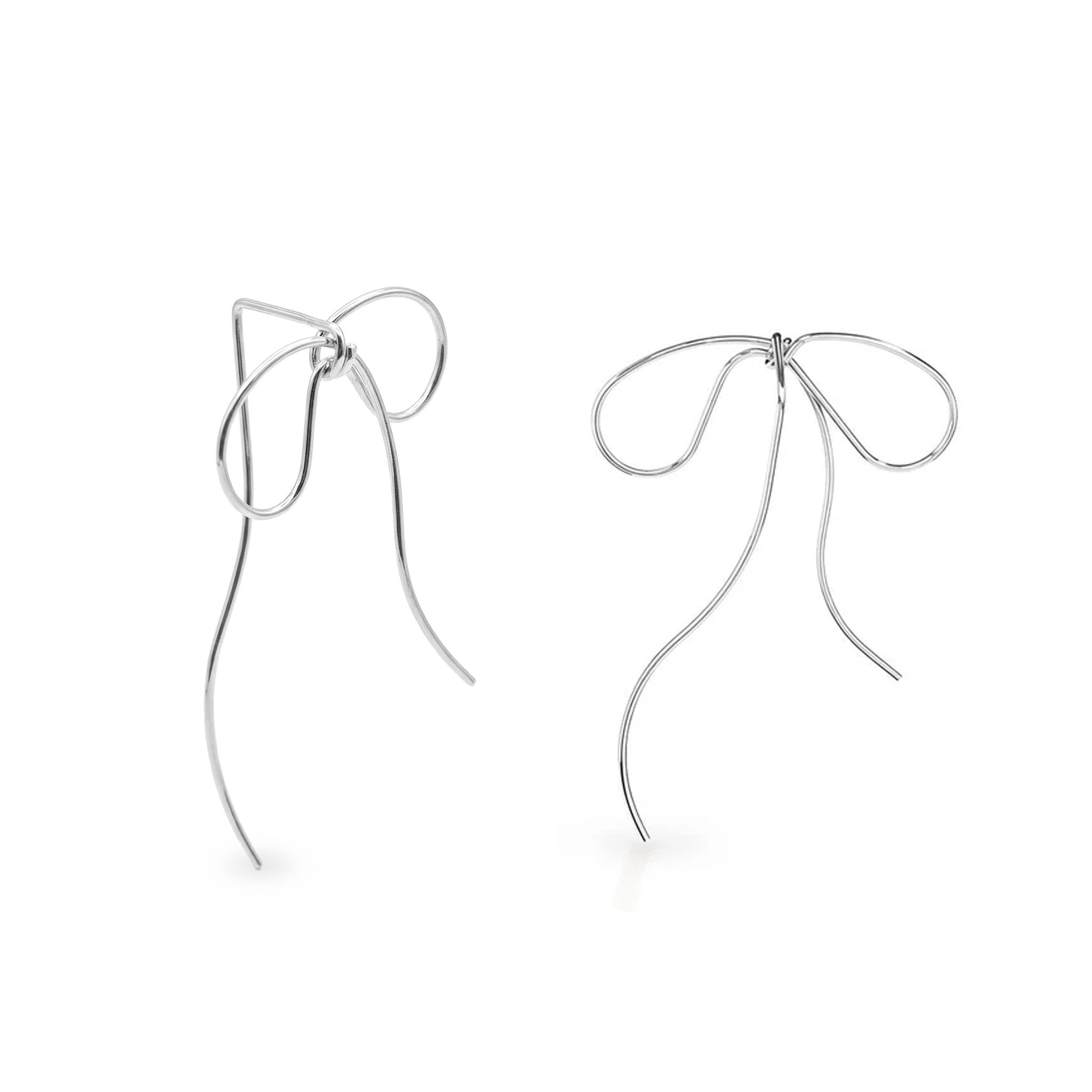 silver bow earrings for women  with abstract wire design for contemporary fashion styling