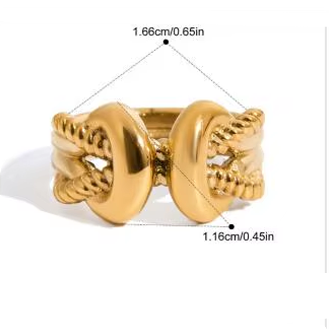 Gold ring with measurements on a white background