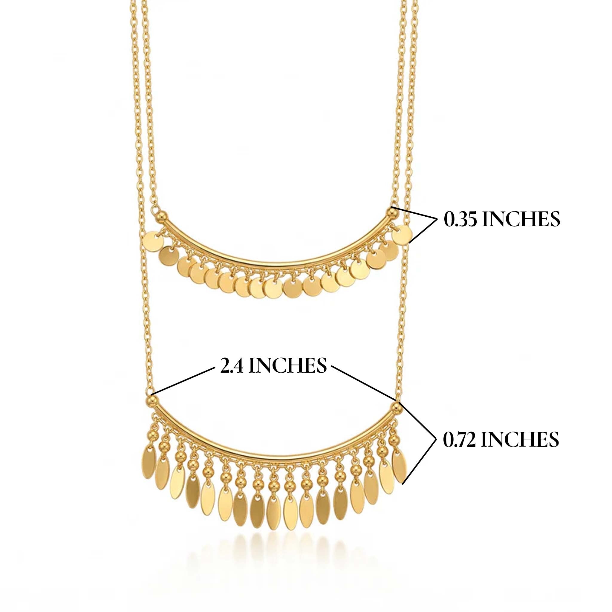 Gold necklaces for women with measurements on a white background