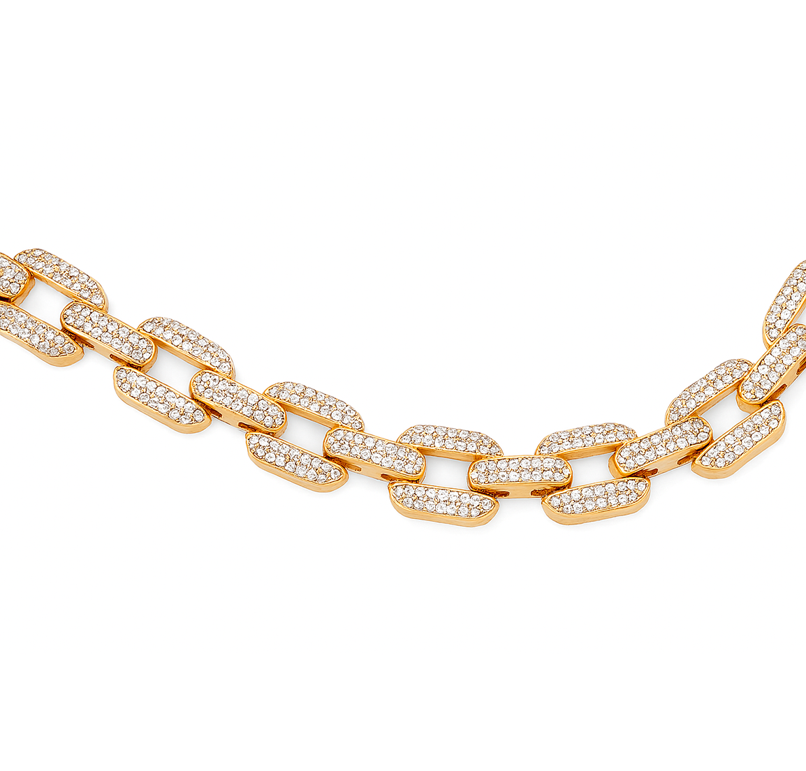 Gold chain necklace for women with embedded crystals on a white background