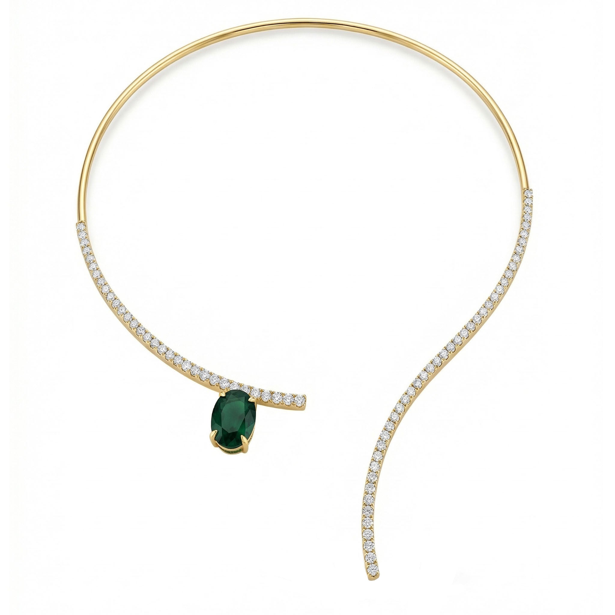 Gold necklace with a green gemstone and diamond accents on a white background