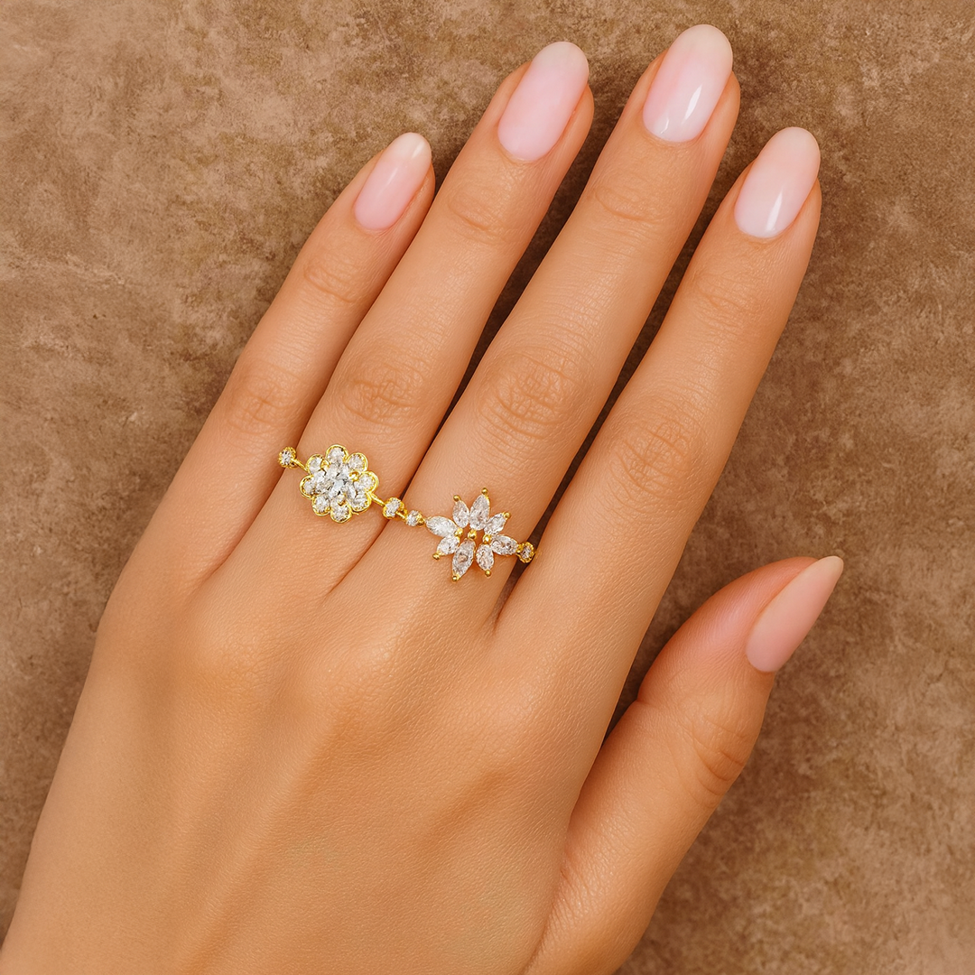 Gold ring set for women India with crystal floral design