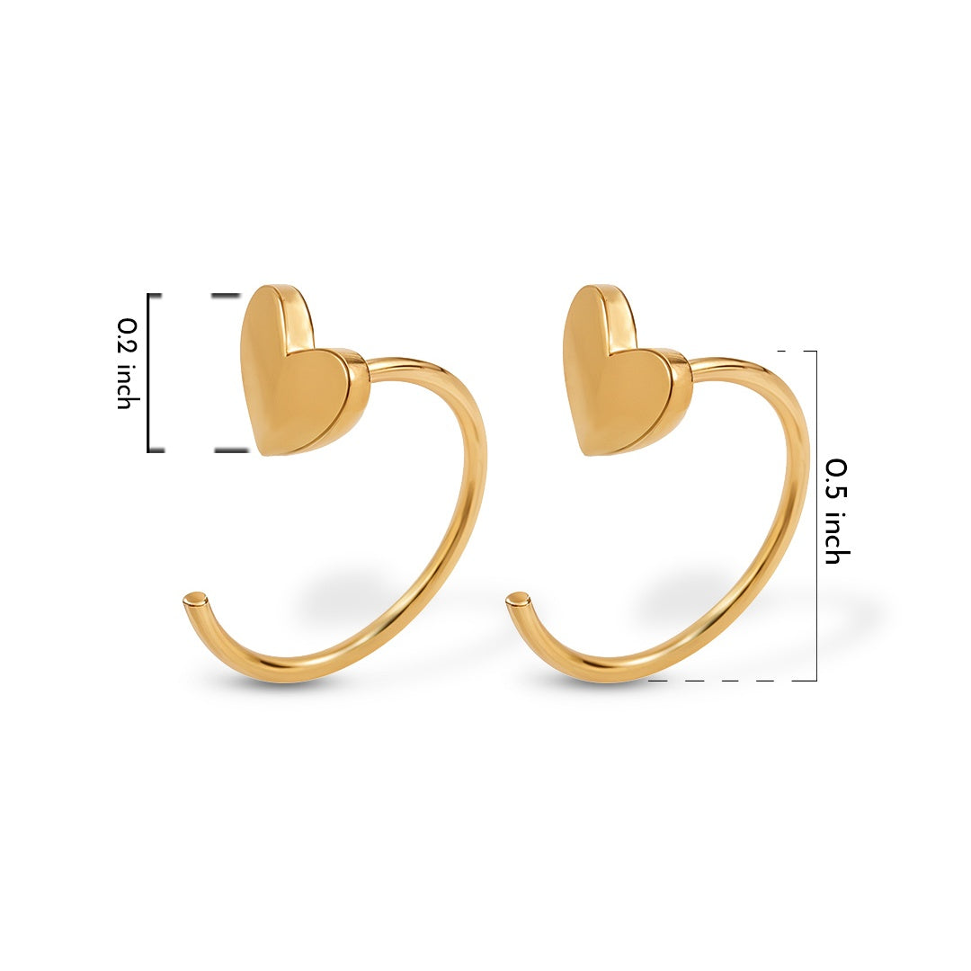 Gold heart-shaped hoop earrings  for women with measurements on a white background