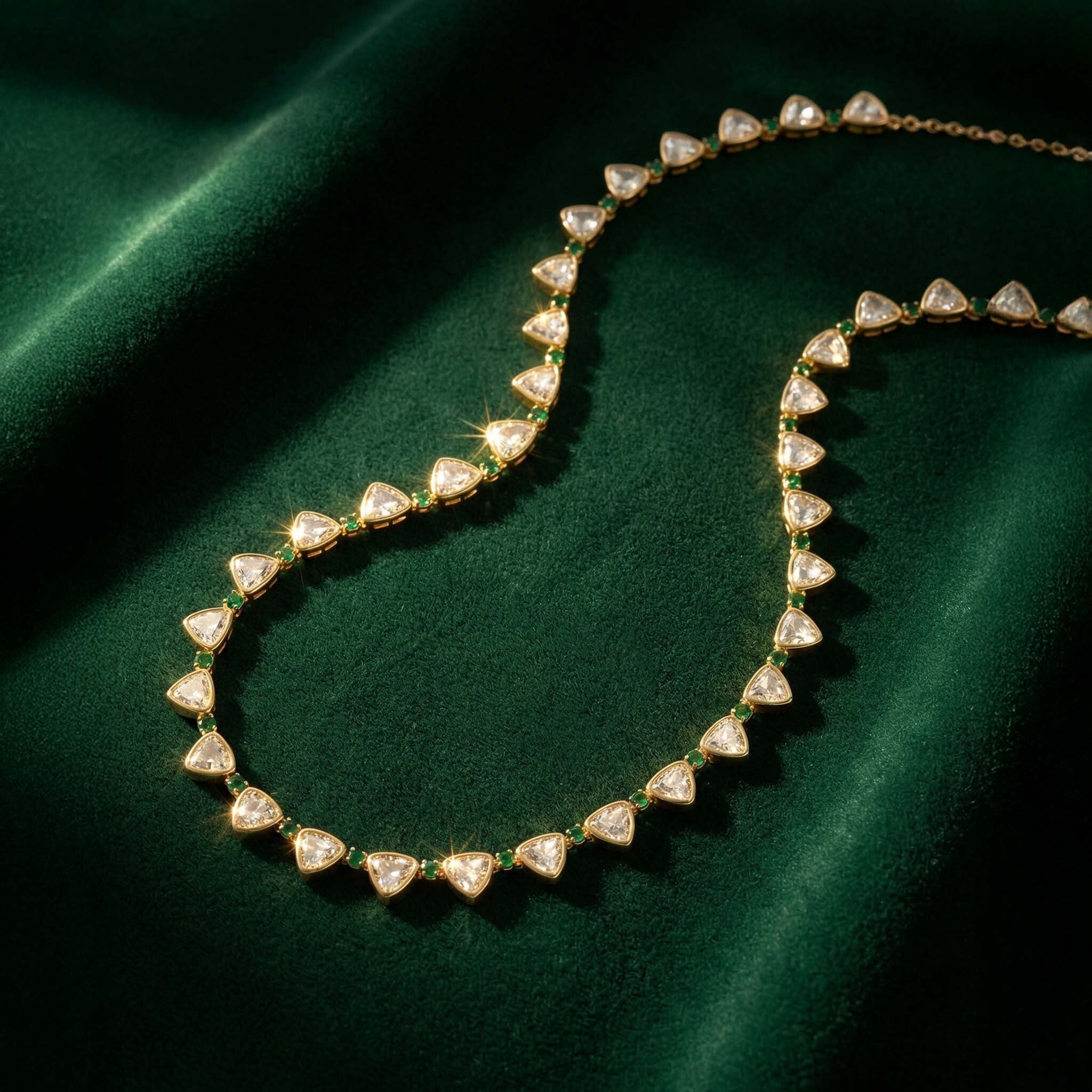 Delicate necklace with green and clear gemstones on a dark green fabric background