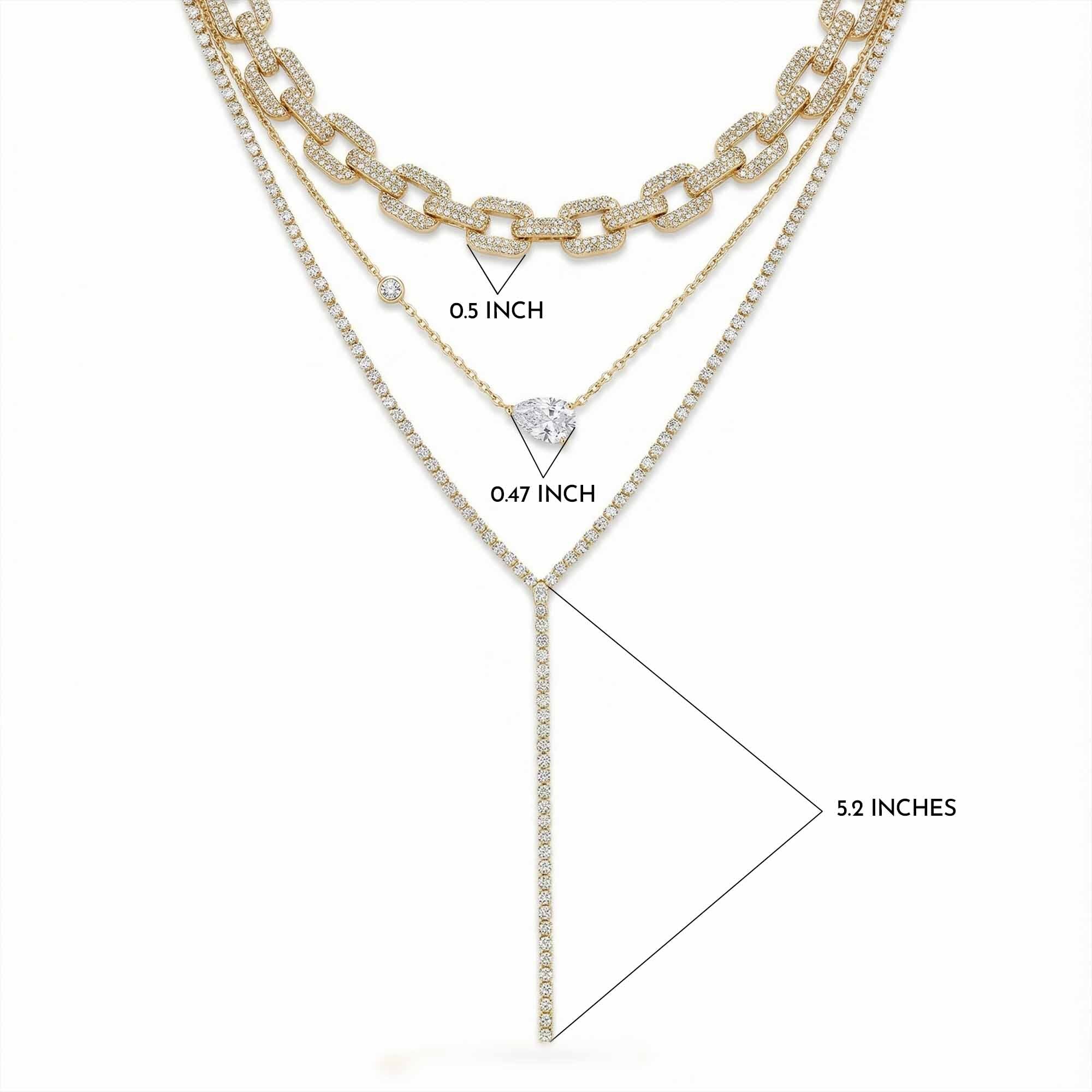 Layered gold and diamond necklaces for women with measurements on a white background