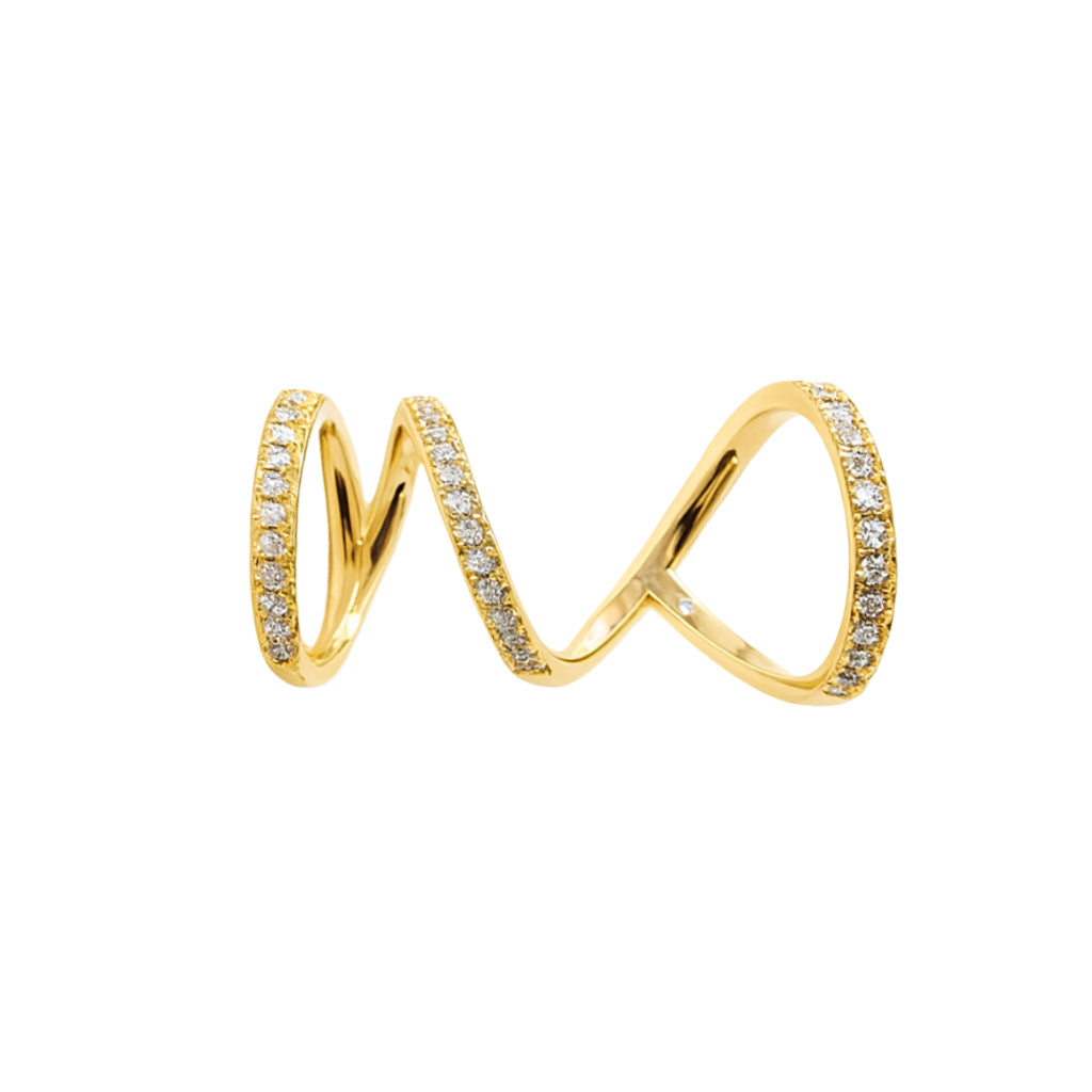 Gold spiral ring with embedded diamonds on a white background
