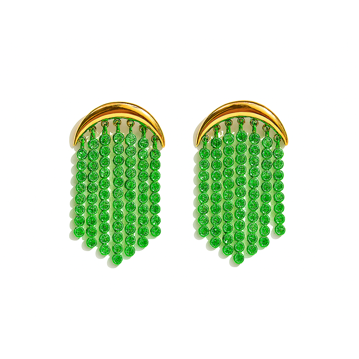 Green beaded earrings with gold accents on a white background