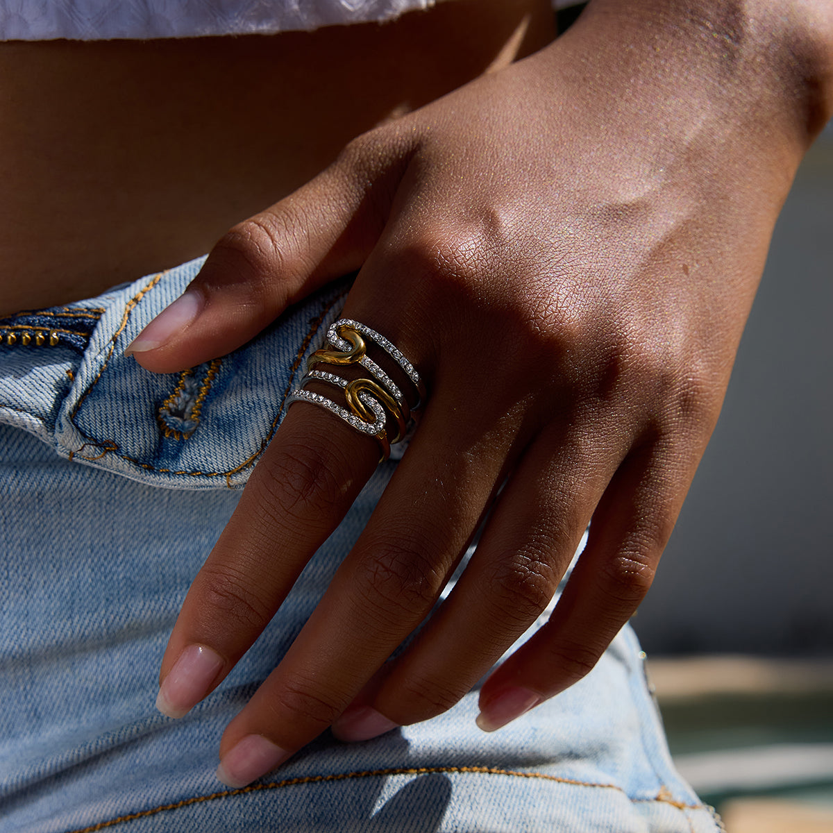 Two Tone Gold & Silver Wave Ring For Women
