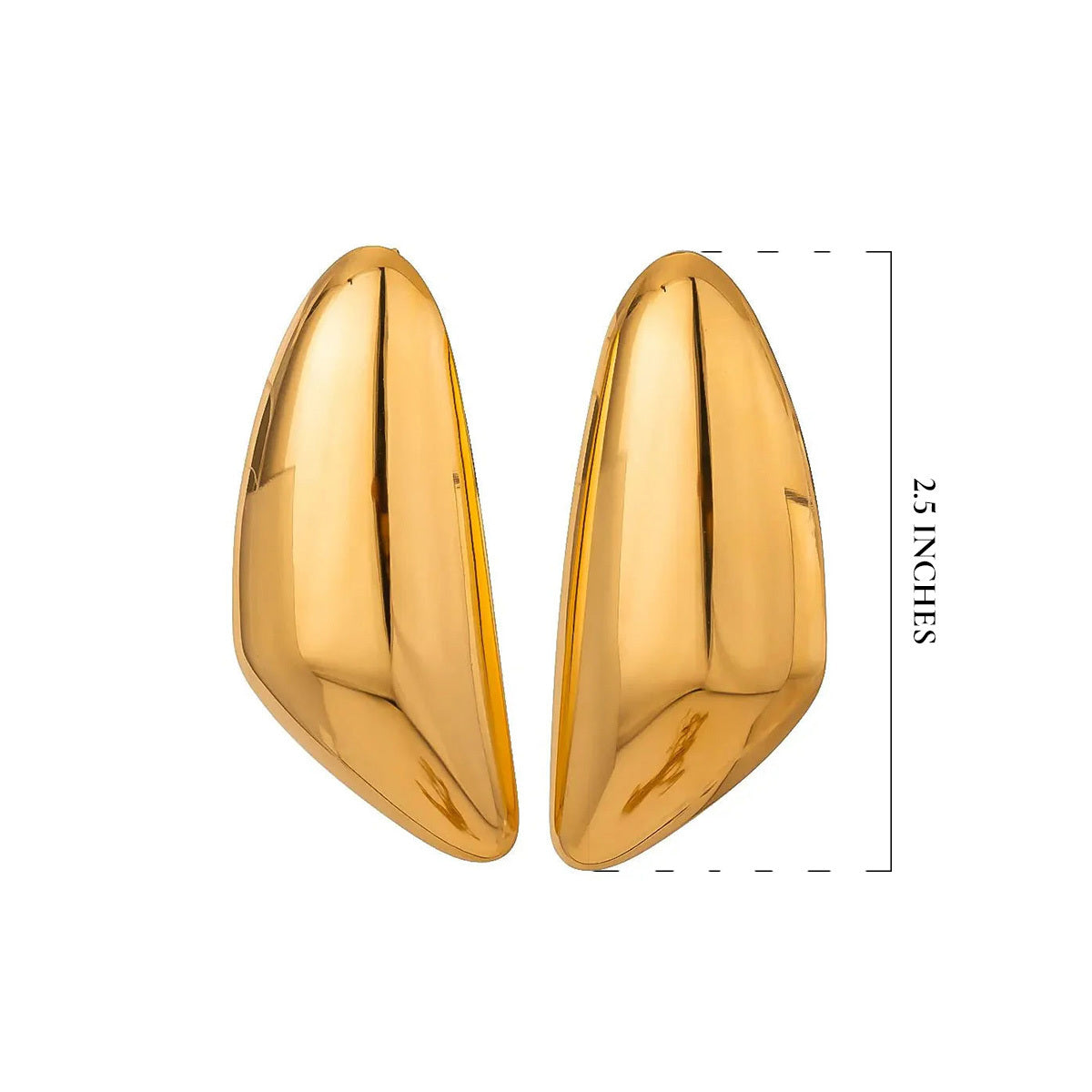 Gold earrings for women with a measurement label on a white background