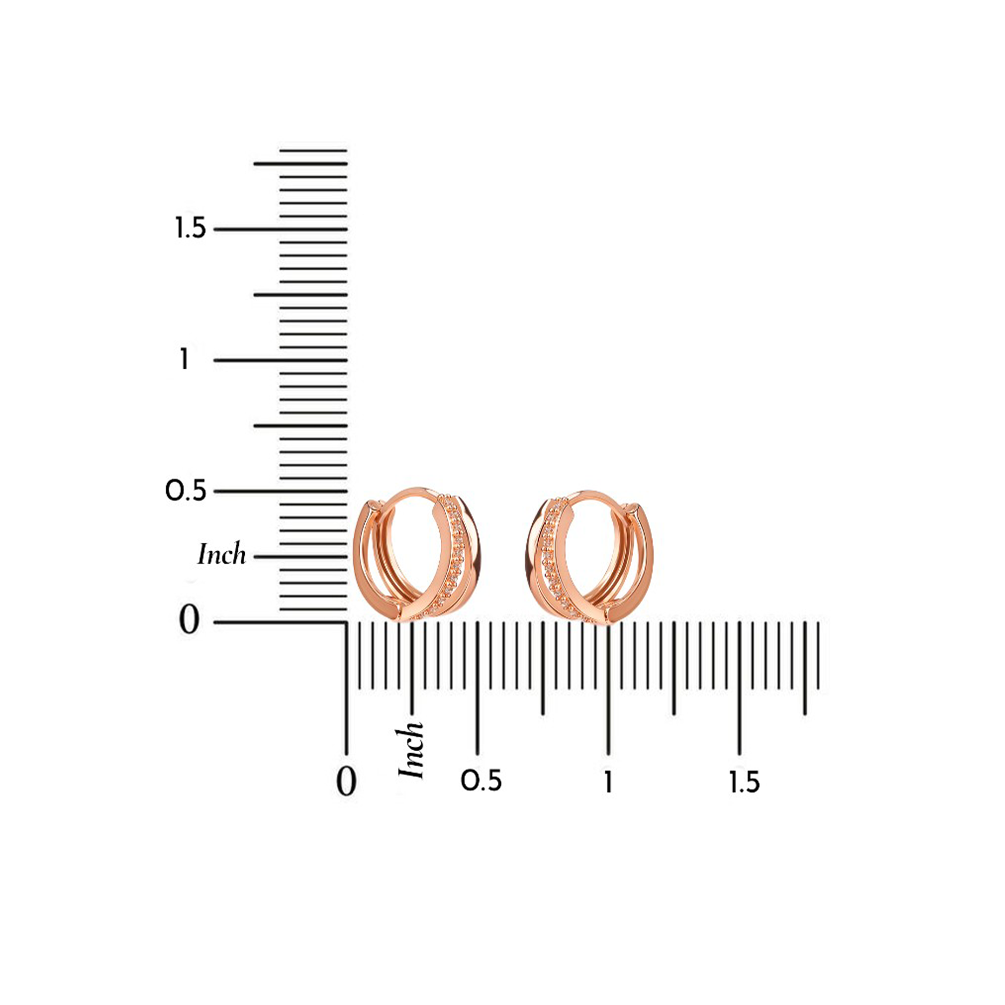 Rose gold hoop earrings with a ruler for size reference on a white background