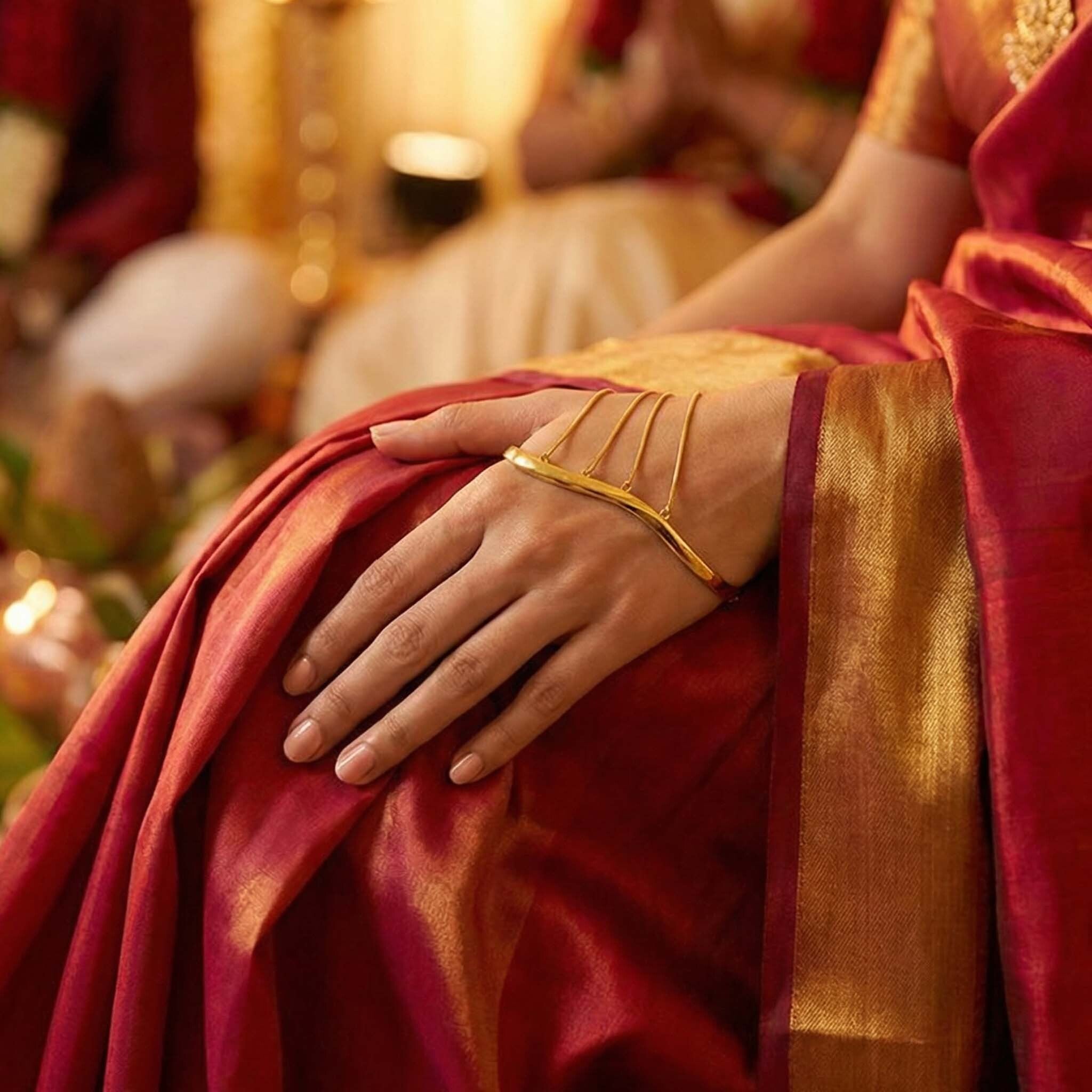Hand wearing a gold bracelet on a red fabric background