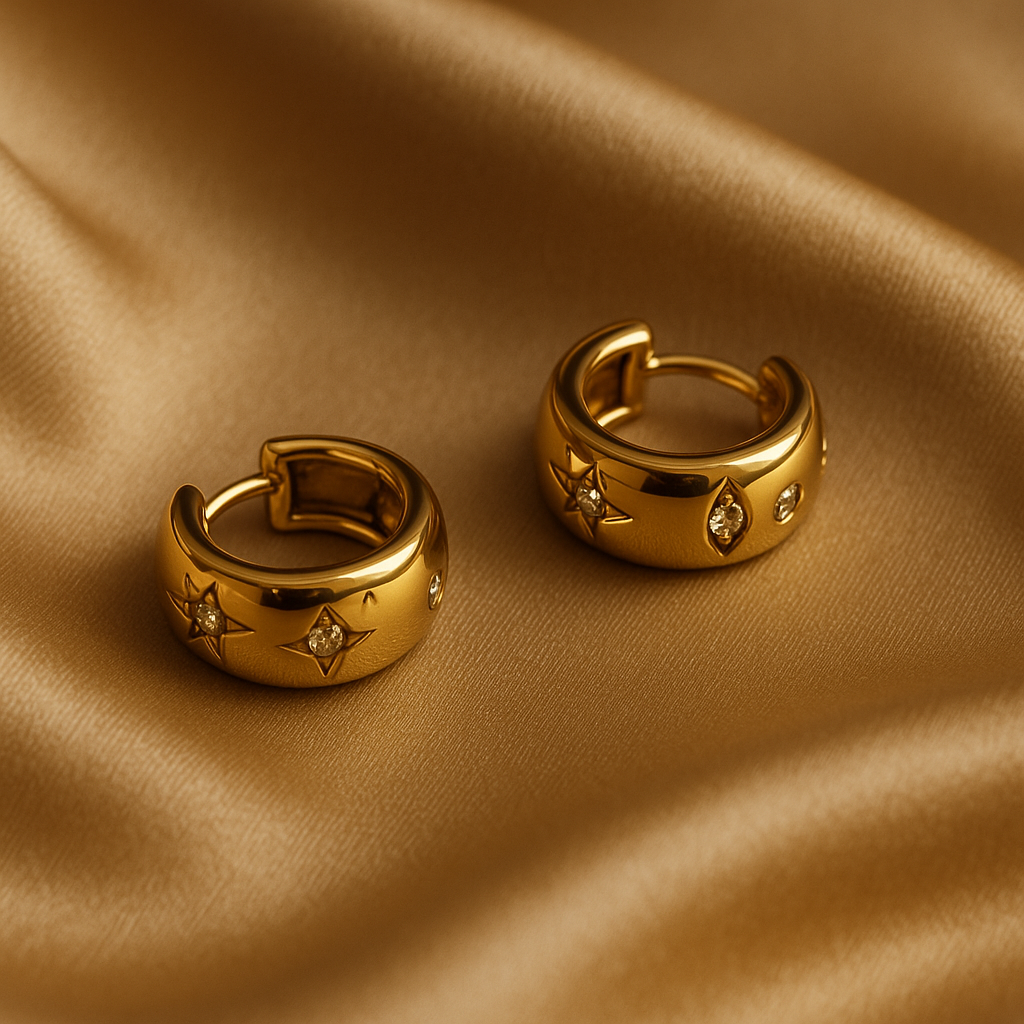 Gold hoop earrings with star and moon designs 