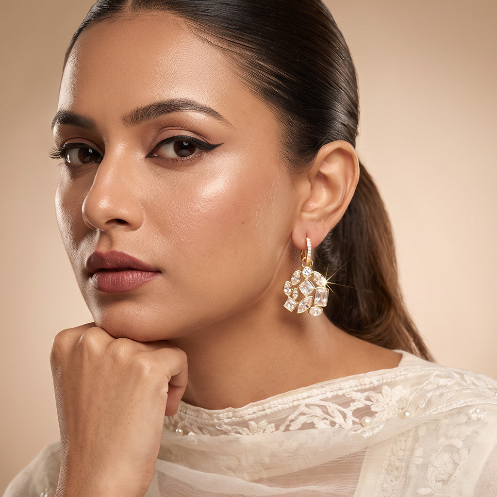 Party wear statement earrings for women with gold and crystal detailing