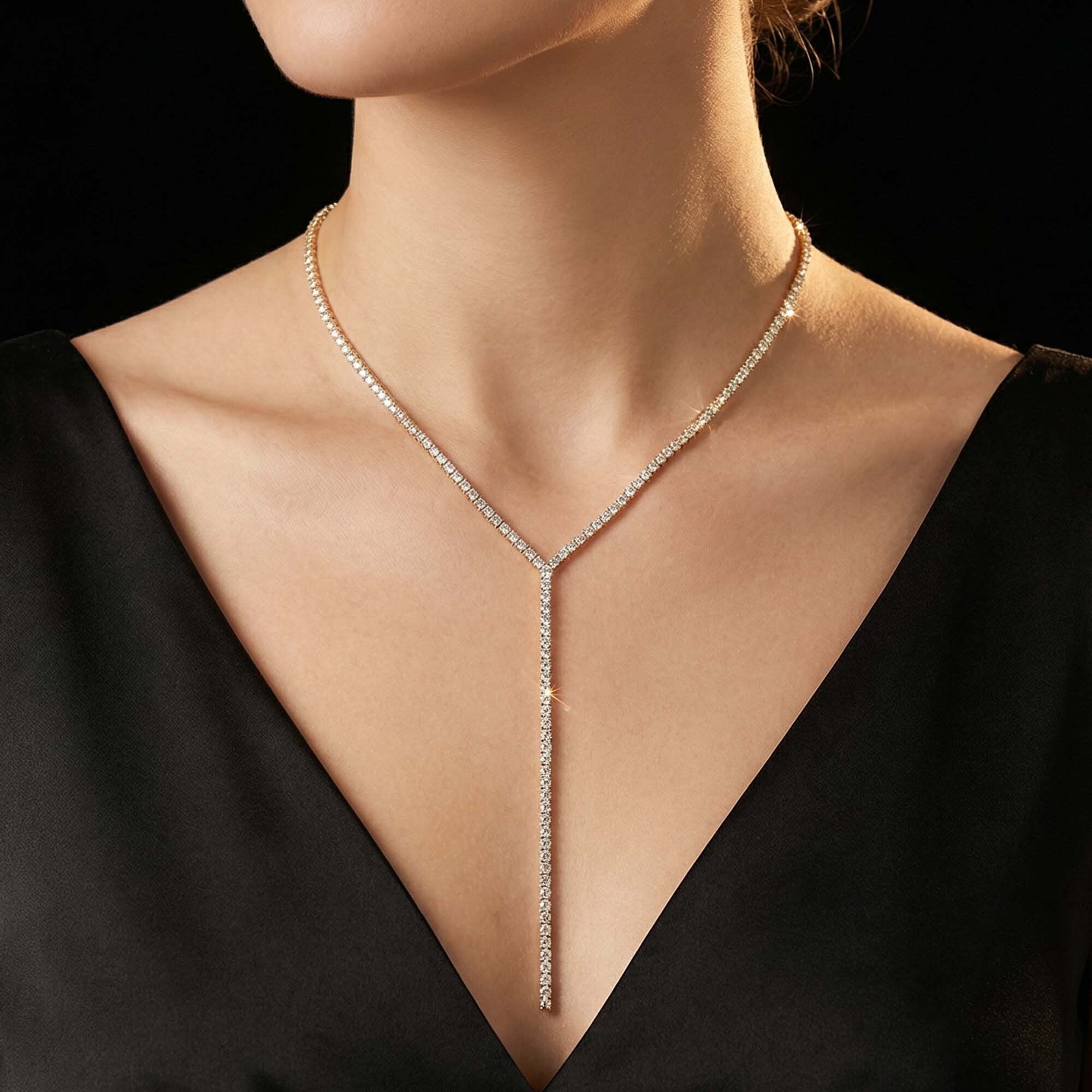 Diamond necklace  for women on a model against a black background