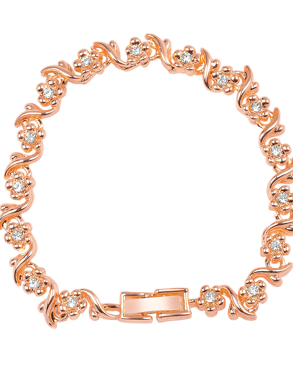 Rose gold bracelet with diamond accents on a white background