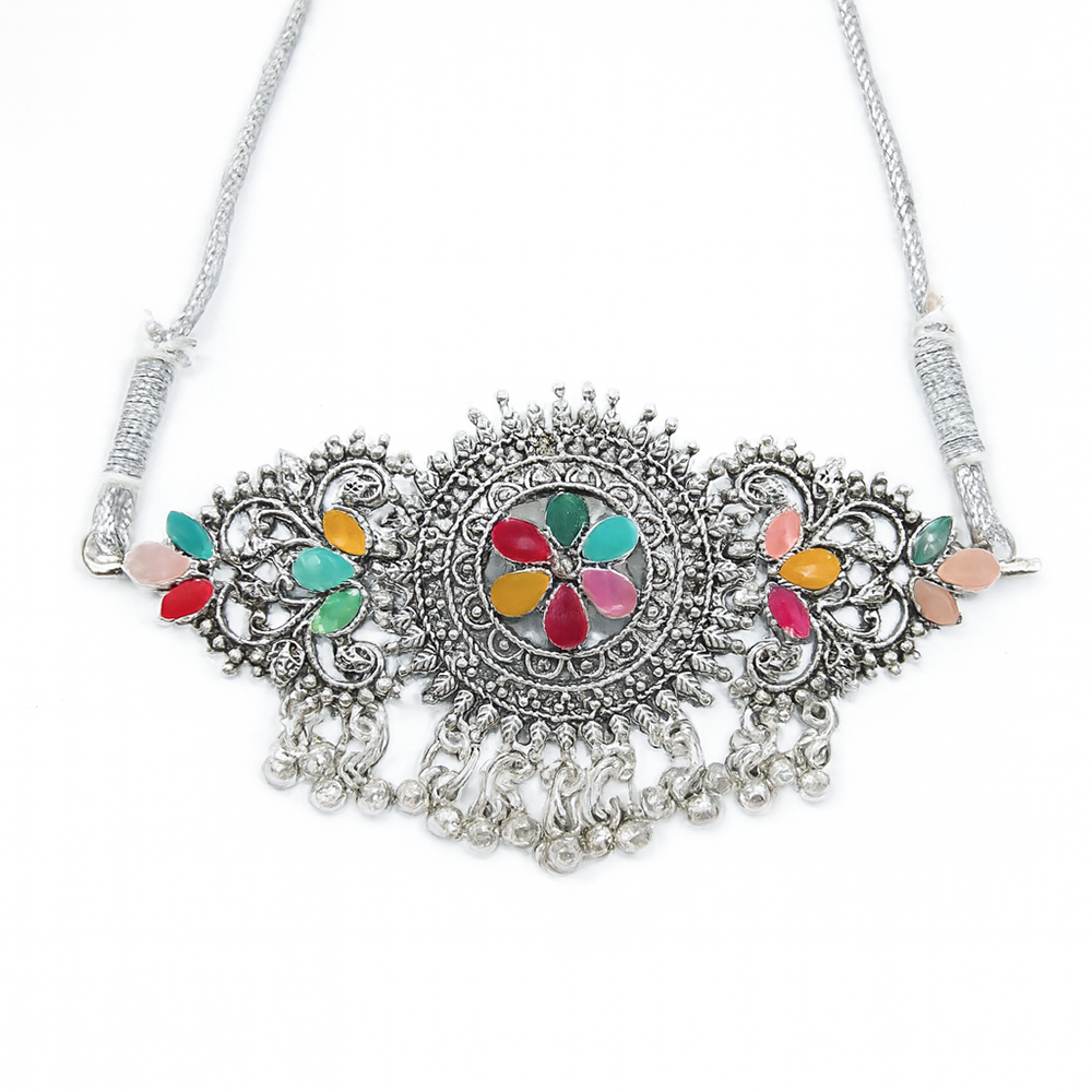 Decorative necklace with colorful floral design on a white background