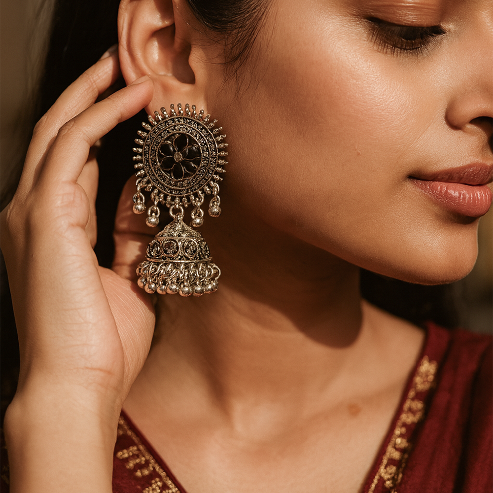Noor Oxidized Silver Floral Jhumka Earrings